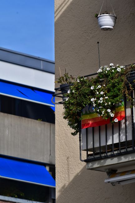 An urban residential building with three balconies featuring garden containers and lush greenery. The bottom balcony displays a large arrangement of red flowering plants, creating a vibrant focal poin